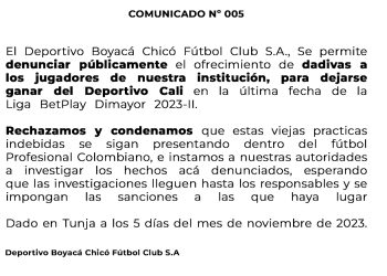 BOYACÁ CHICÓ DENUNCIÓ INTENTO DE SOBORNO ANTES DE ENFRENTAR AL DEPORTIVO CALI, LO QUE PERJUDICARÍA A D. PASTO